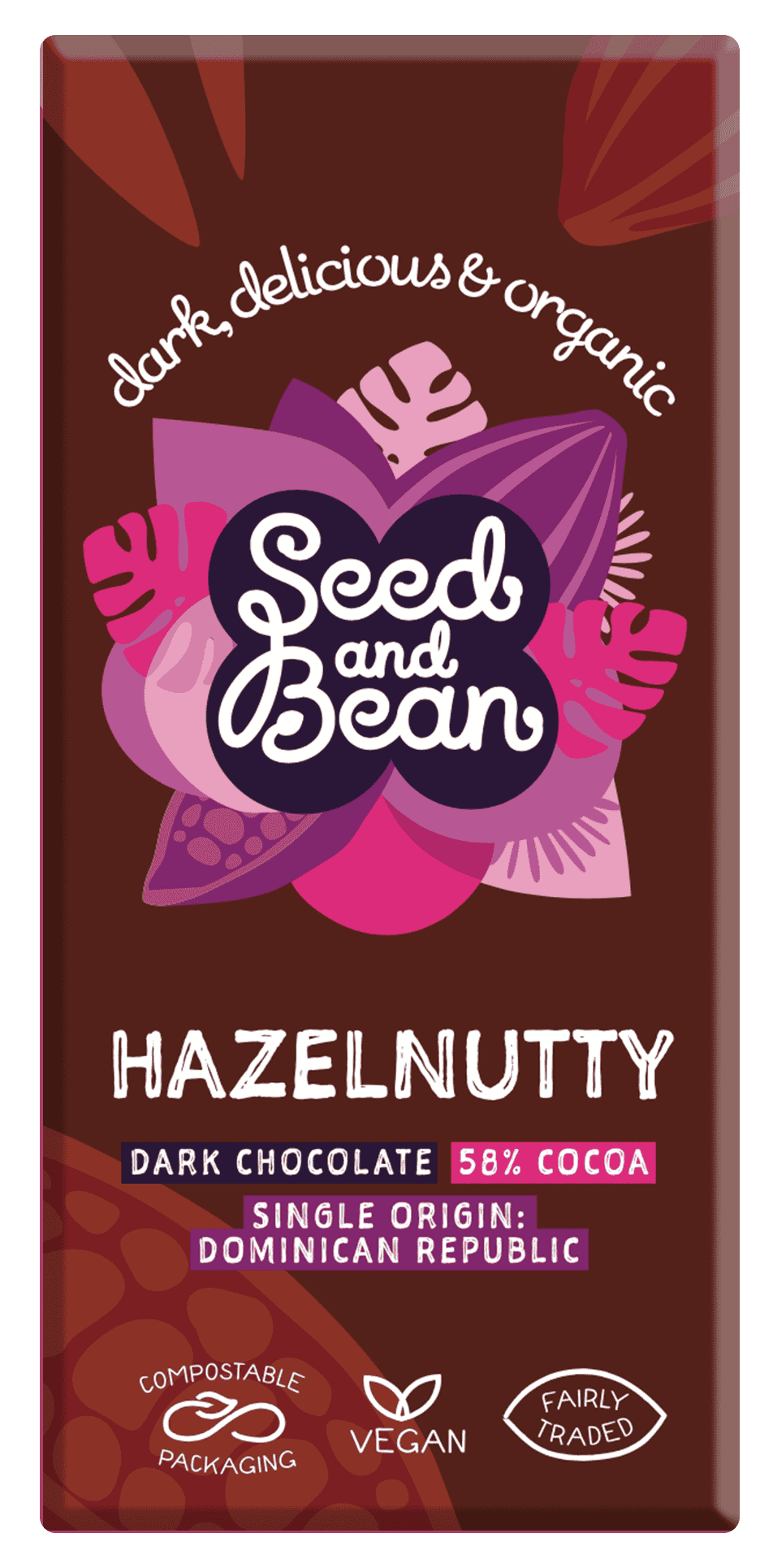 10 x Seed & Bean Dark 58% Hazelnut Fairtrade & Org Bar - 75g