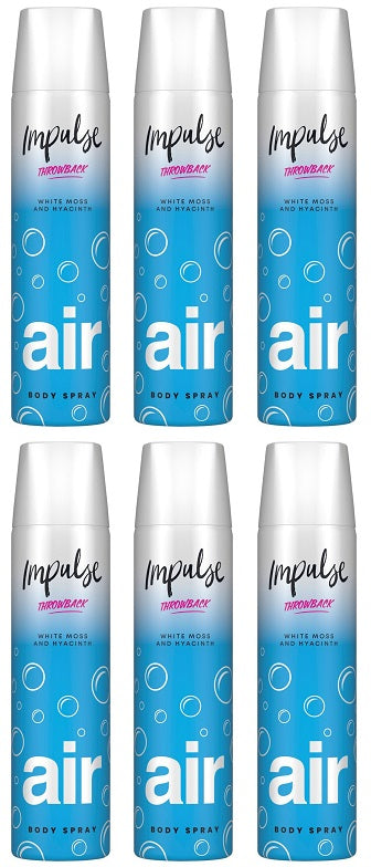 6 x Impulse Oxygen Air Body Spray White Moss And Hyacinth 75Ml