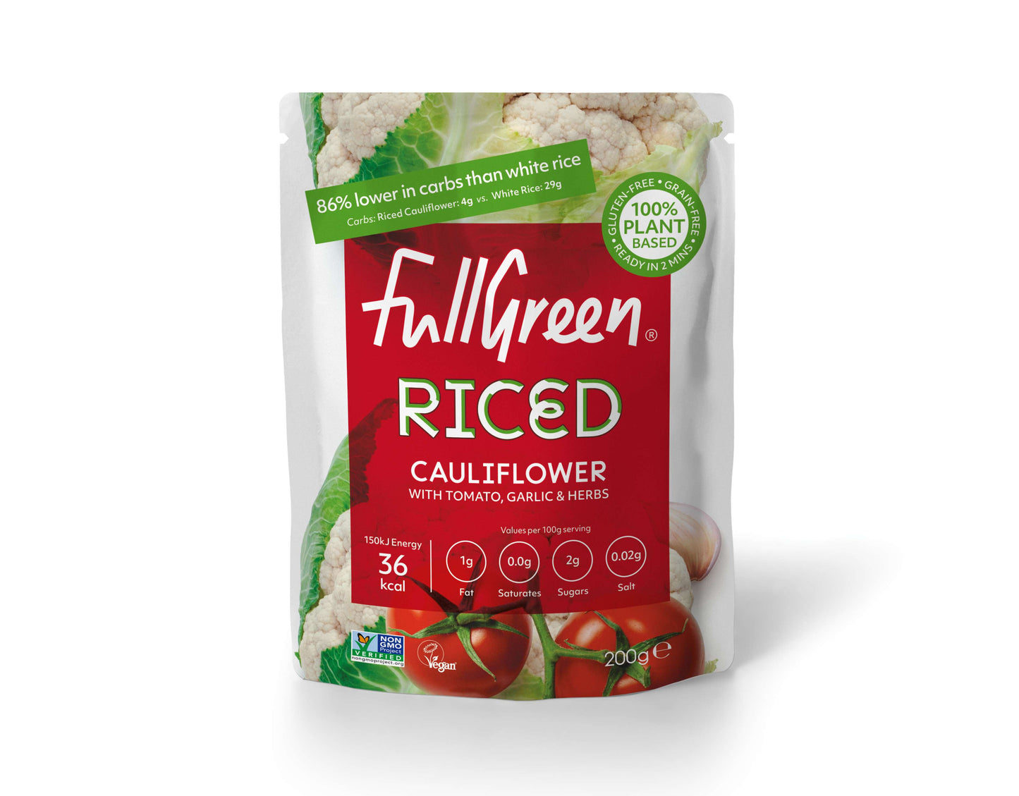6 x Fullgreen Riced Cauliflower Tomato Garlic & Herb - 200g