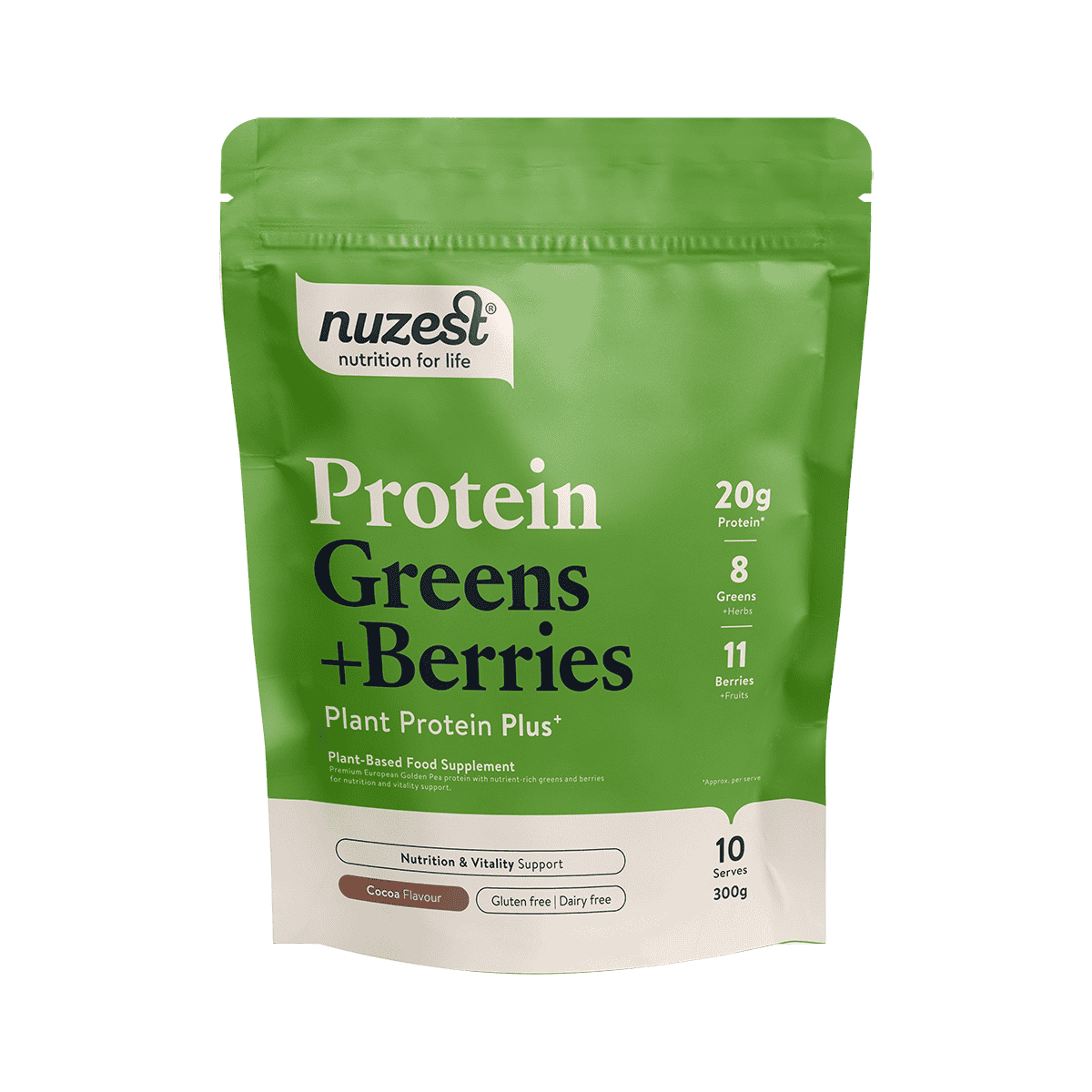 Nuzest Protein Plus Greens + Berries Cocoa Flavour - 300g