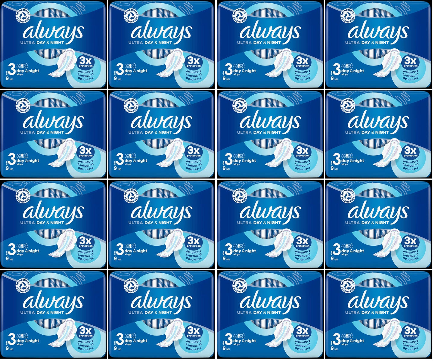 16 x Always Ultra Day & Night Sanitary Towels (Size 3) Wings 9 Pads