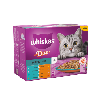 4 x Whiskas Cat 1+ Pouch Jelly Duo Surf & Turf 12 Pack - 12X85Gm