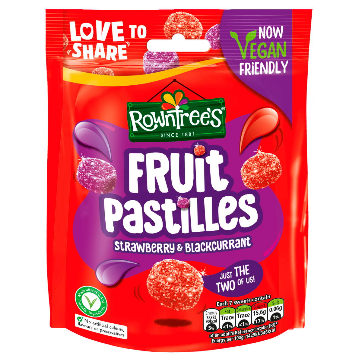 10 x Rowntree's Fruit Pastille Strawberry & Blackcurrant Pouch Vegan - 143GM