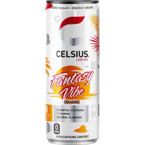 12 x Celsius Zero Sugar Fantasy Vibe Orange Energy Drink 355Ml