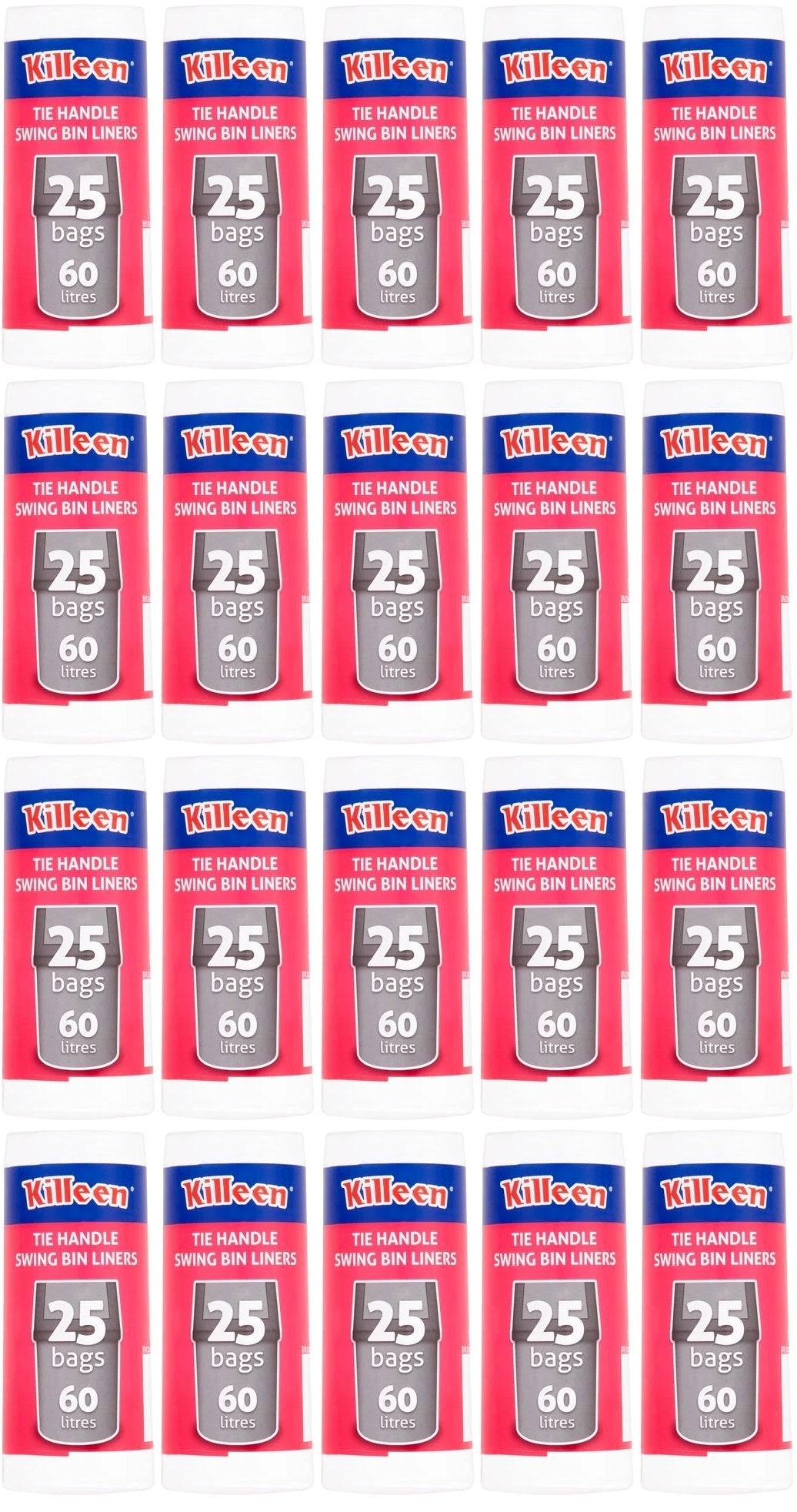 20 x Killeen Swing Bin Liners Tie Handles 60 Litre - 25 PACK