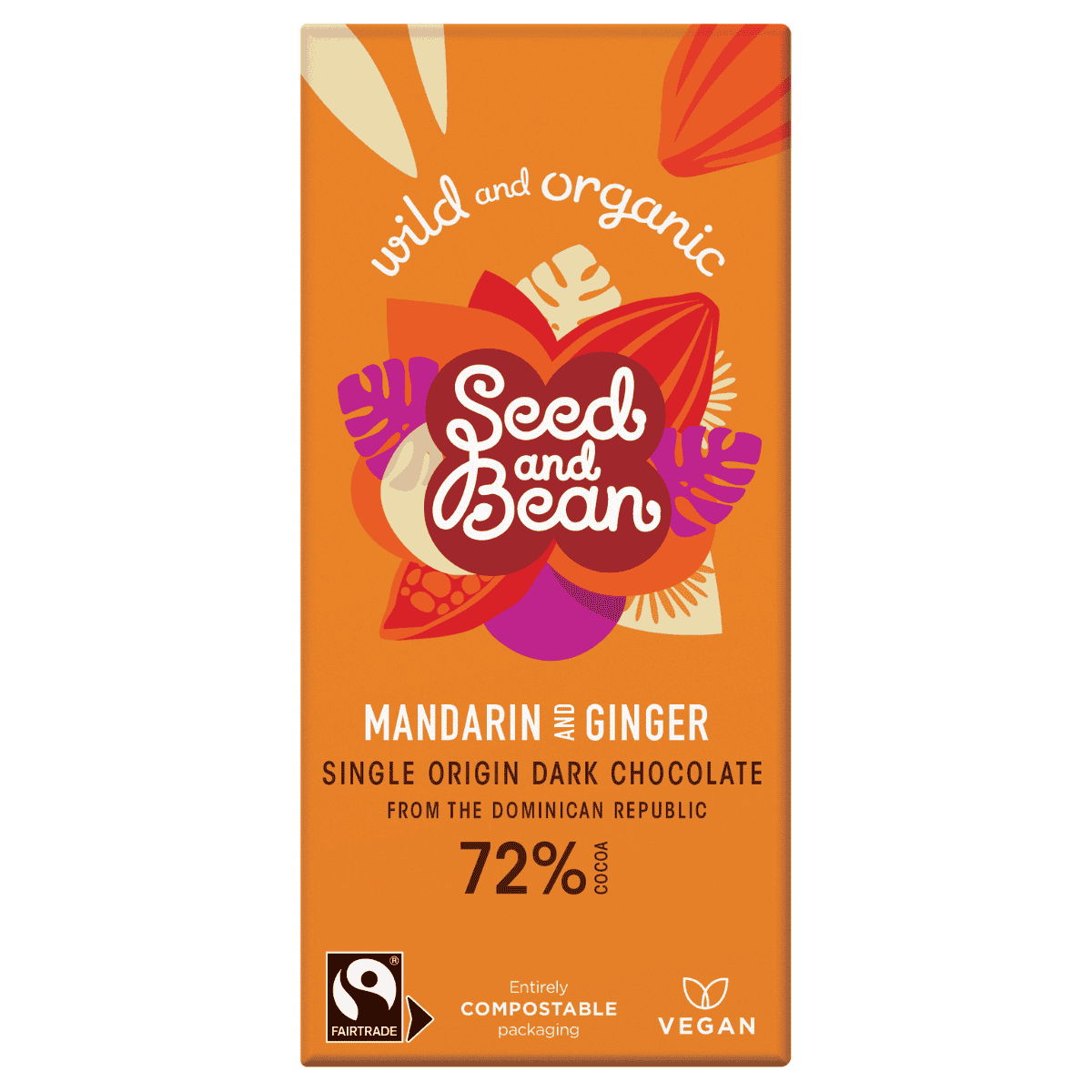 10 x Seed & Bean Dark 72% FT & Org Mandarin/Ginger Bar - 75g