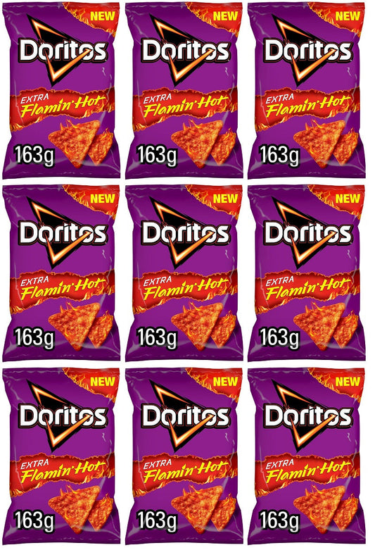 9 x Doritos Extra Flamin  Hot Sharing Bag Crisps 163G