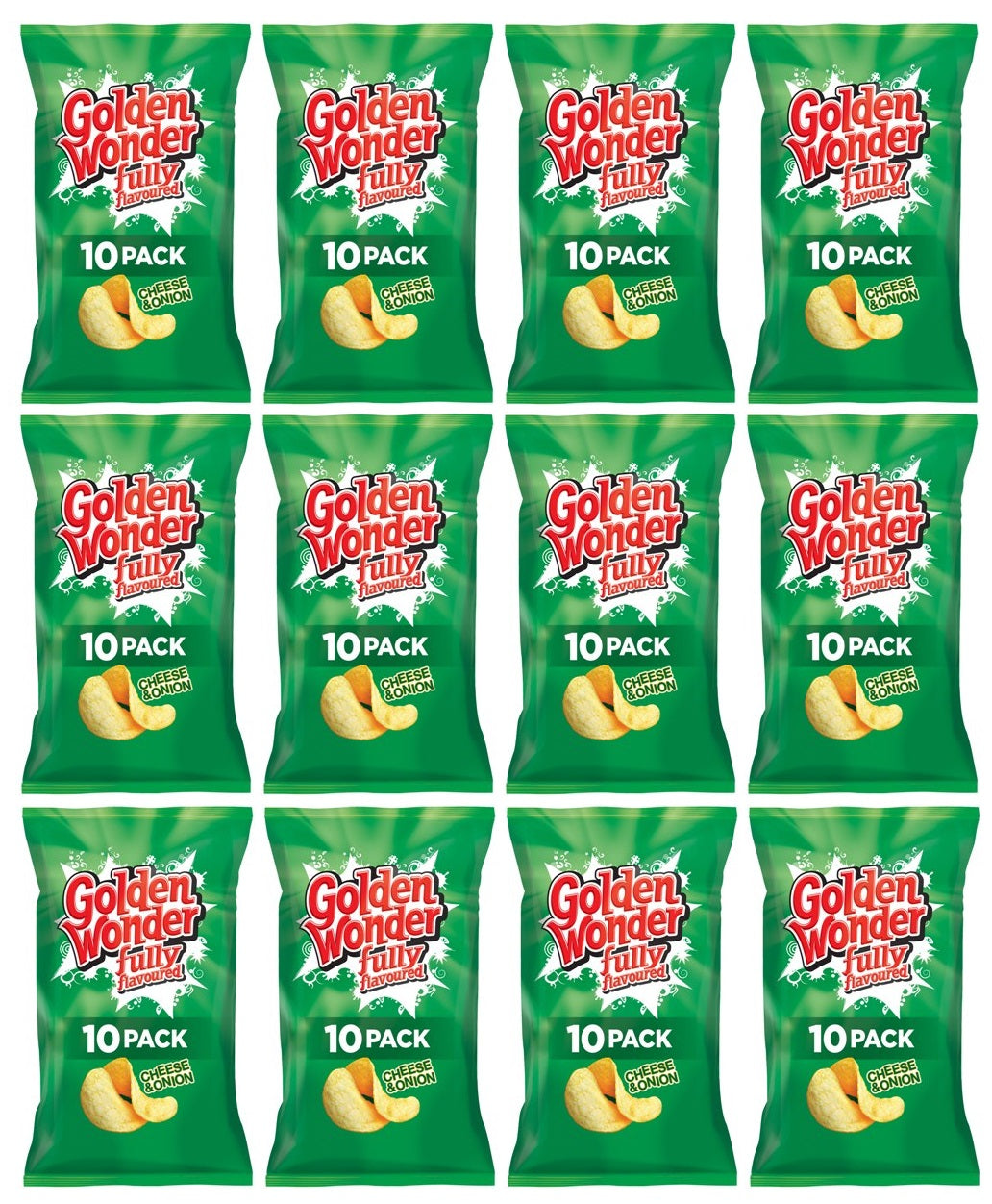 12 X Golden Wonder 10pk Cheese & Onion Crisps 10X25GM