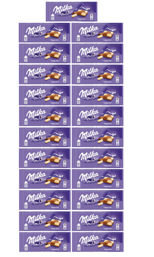23 x Milka Happy Cows Milk And White Choc Bar 100Gm