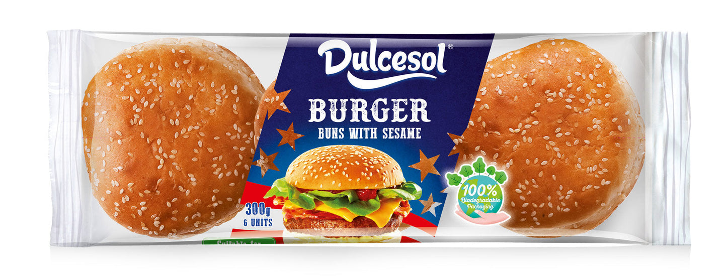 8 x Dulcesol Burger Buns Sesame Seeds 6 Pack - 300Gm
