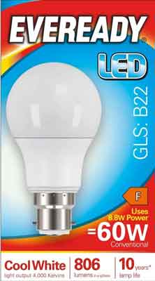 5 x Eveready Led Bulb Cool White Bc 8.2W - Single