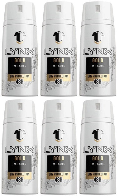 6 x Lynx Gold Anti White Marks Anti-Perspirant Deodorant Spray For Men 150Ml