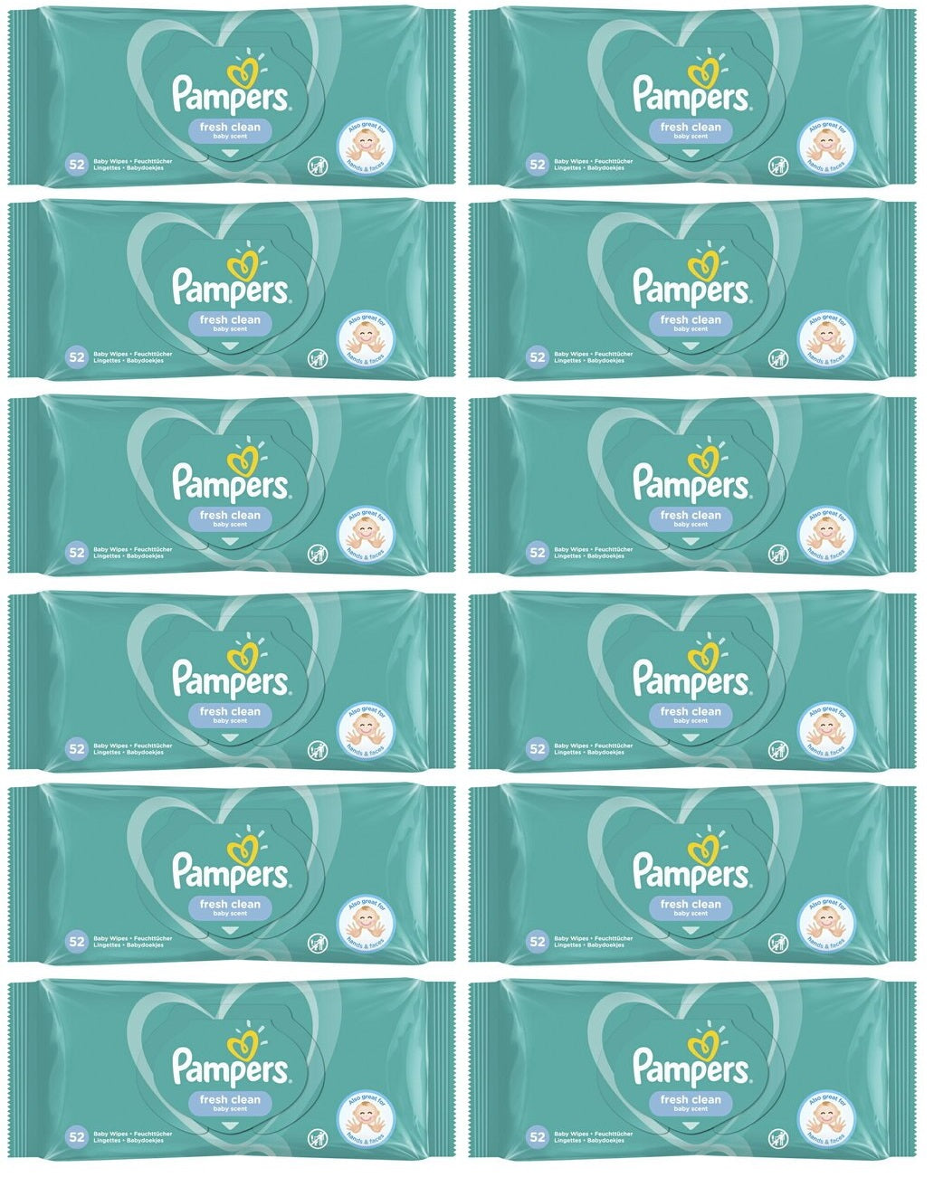 12 x Pampers Fresh Clean Baby Wipes 1 Pack = 52 Baby Wet Wipes