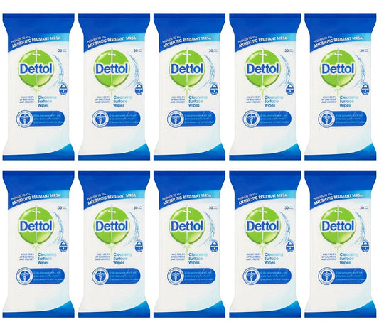 10 x Dettol Antibacterial Cleansing Surface 30 Large Wipes