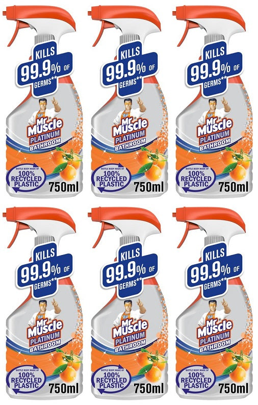 6 x Mr Muscle Platinum Antibacterial Bathroom Spray Mandarin 750Ml