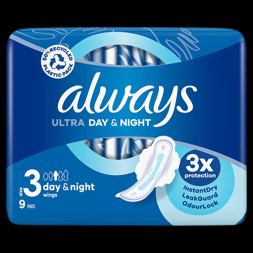 16 x Always Ultra Day & Night Sanitary Towels (Size 3) Wings 9 Pads