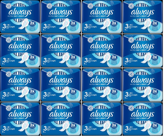 16 x Always Ultra Day & Night Sanitary Towels (Size 3) Wings 9 Pads