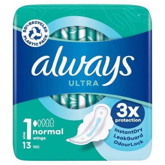 16 x Always Ultra Day Sanitary Towels Normal (Size 1) Wings 13 Pads