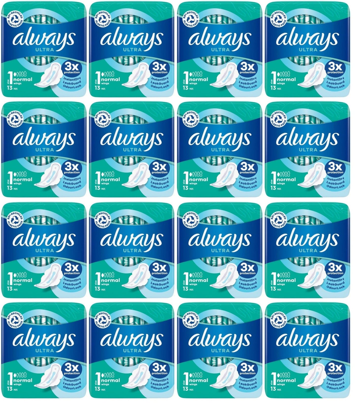 16 x Always Ultra Day Sanitary Towels Normal (Size 1) Wings 13 Pads