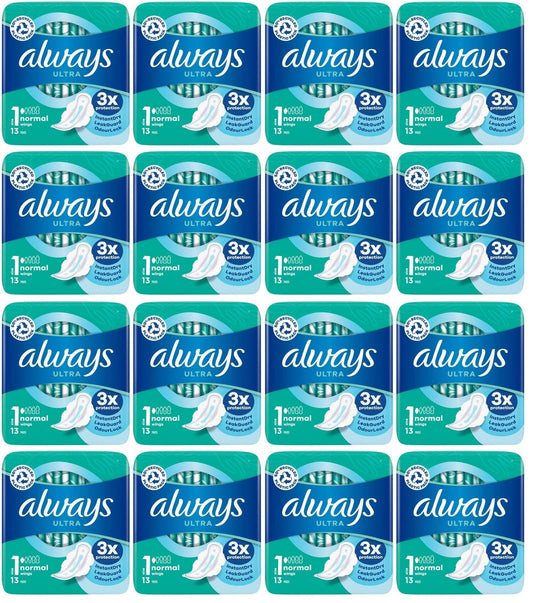 16 x Always Ultra Day Sanitary Towels Normal (Size 1) Wings 13 Pads