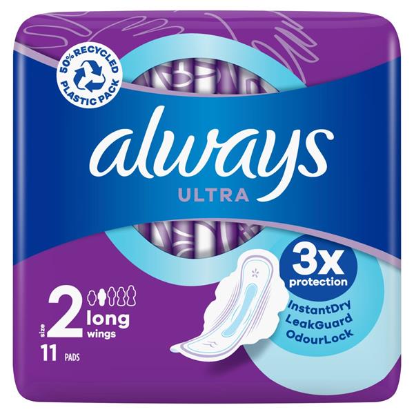 12 x Always Ultra Day Sanitary Towels Long (Size 2) Wings 11 Pads