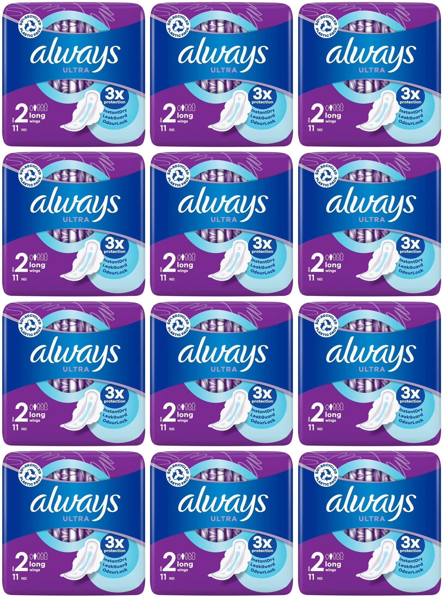 12 x Always Ultra Day Sanitary Towels Long (Size 2) Wings 11 Pads