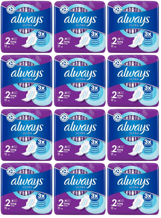 12 x Always Ultra Day Sanitary Towels Long (Size 2) Wings 11 Pads