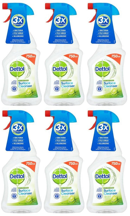 6 x Dettol Antibacterial Surface Cleanser Lime & Mint 750Ml