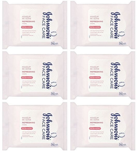 6 x Johnsons Make-Up Be Gone 5-In-1 Refreshing Cleansing Wipes 25 Wipes