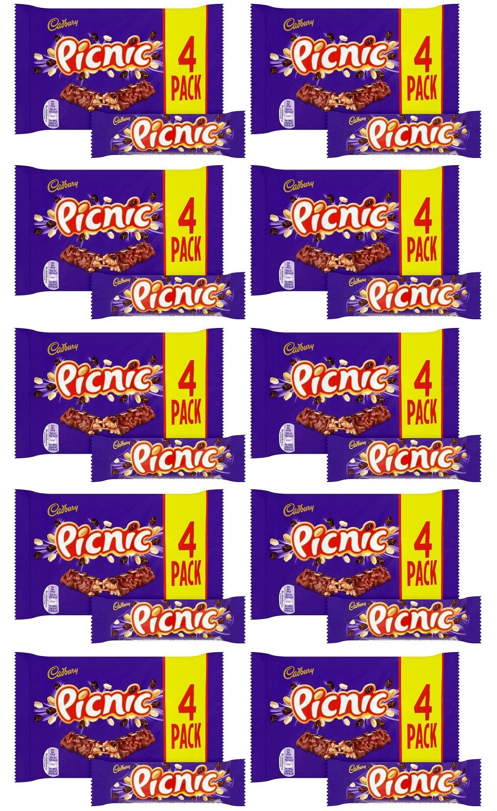 10 x Cadbury Picnic Chocolate Bar 4 Pack 152G