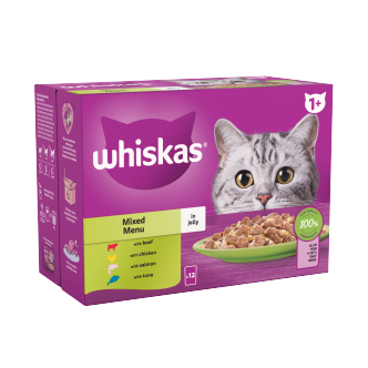 4 x Whiskas Cat 1+ Pouch Jely Mixed Menu 12 Pack - 12X85Gm