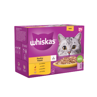 4 x Whiskas Cat 7+ Pouch Jelly Poultry Feasts 12 Pack - 12X85Gm