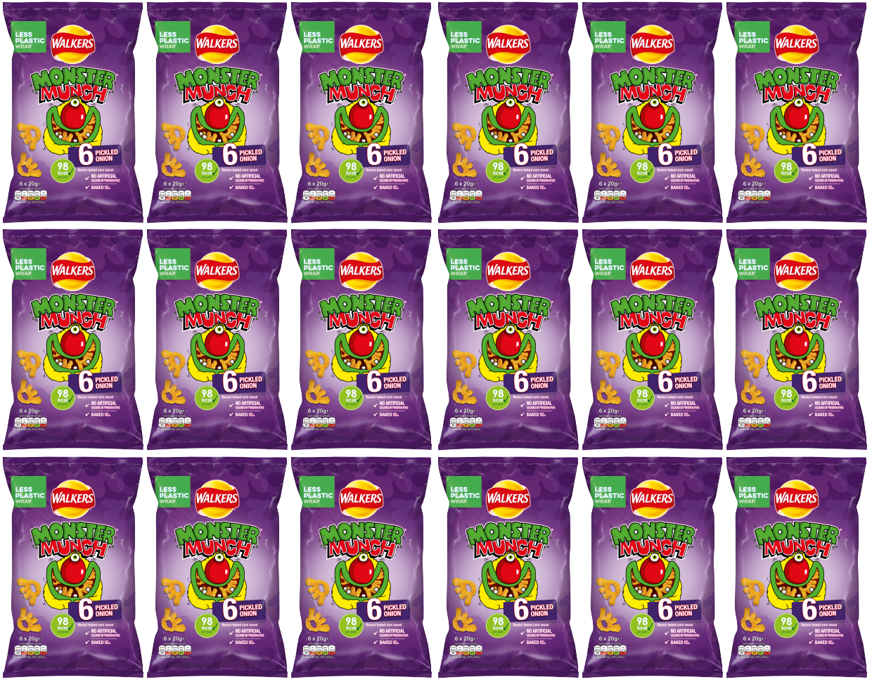 18 x Walkers Monster Munch Pickled Onion 6Pk 6X22Gm