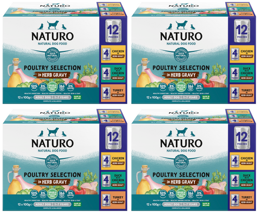 4 x Naturo Adult Dog Pouch Selection Gravy 12 Pack - 12X100GM