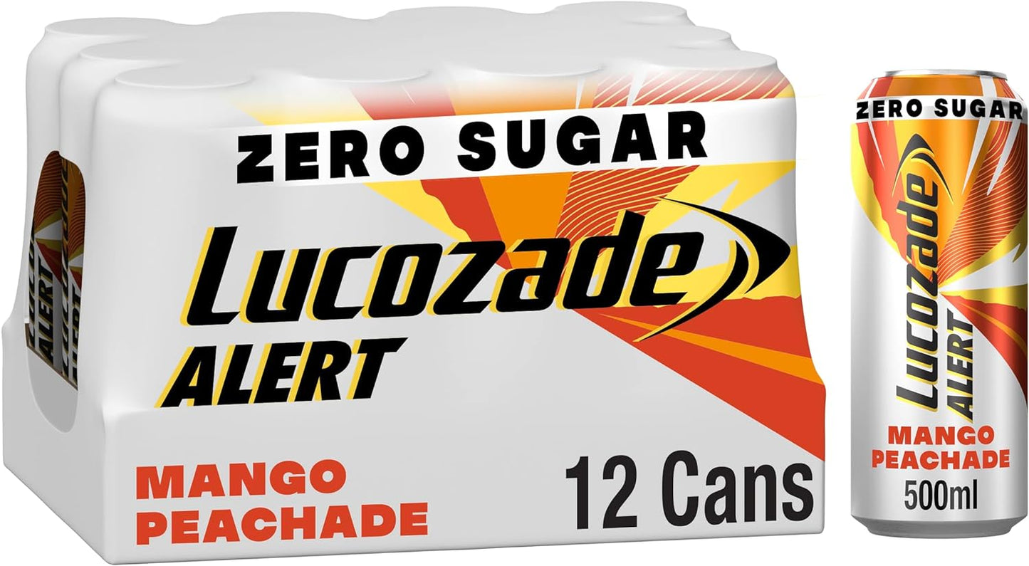 12 x Lucozade Alert  Zero Mango & Peach Caffeine Energy Drink 500Ml