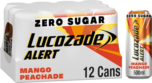 12 x Lucozade Alert  Zero Mango & Peach Caffeine Energy Drink 500Ml
