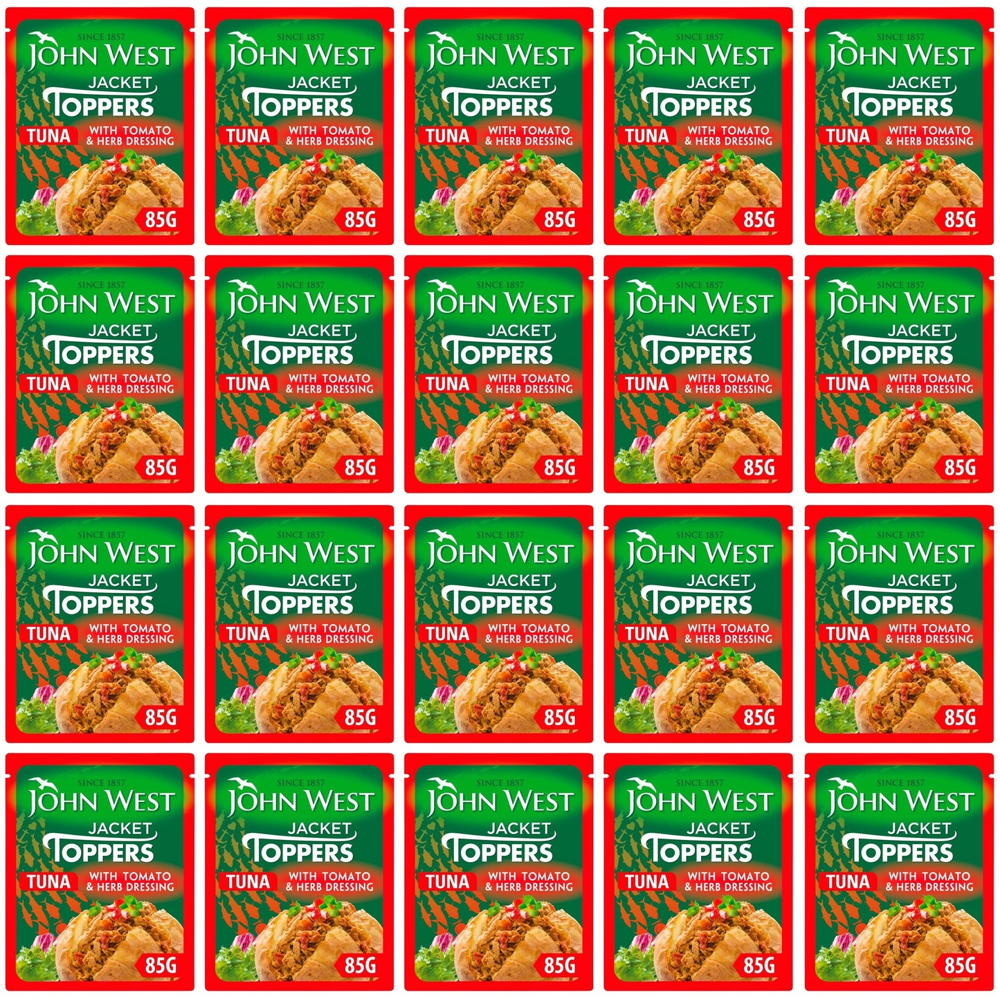 20 x John West Jacket Toppers Tuna With An Oven Dried Tomato & Herb Dressing 85G