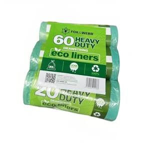 60 Fox & Webb 30L Eco Bin Liners Heavy Duty Drawstring Bags Green (3 X 20 Packs)