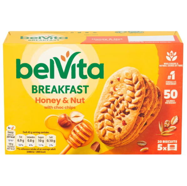 10 x Belvita Breakfast Biscuits Honey And Nuts 5 Packs 225G