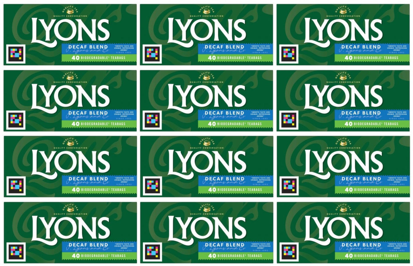 12 x Lyons Decaf Blend Teabags 40 Biodegradable Teabags 116G