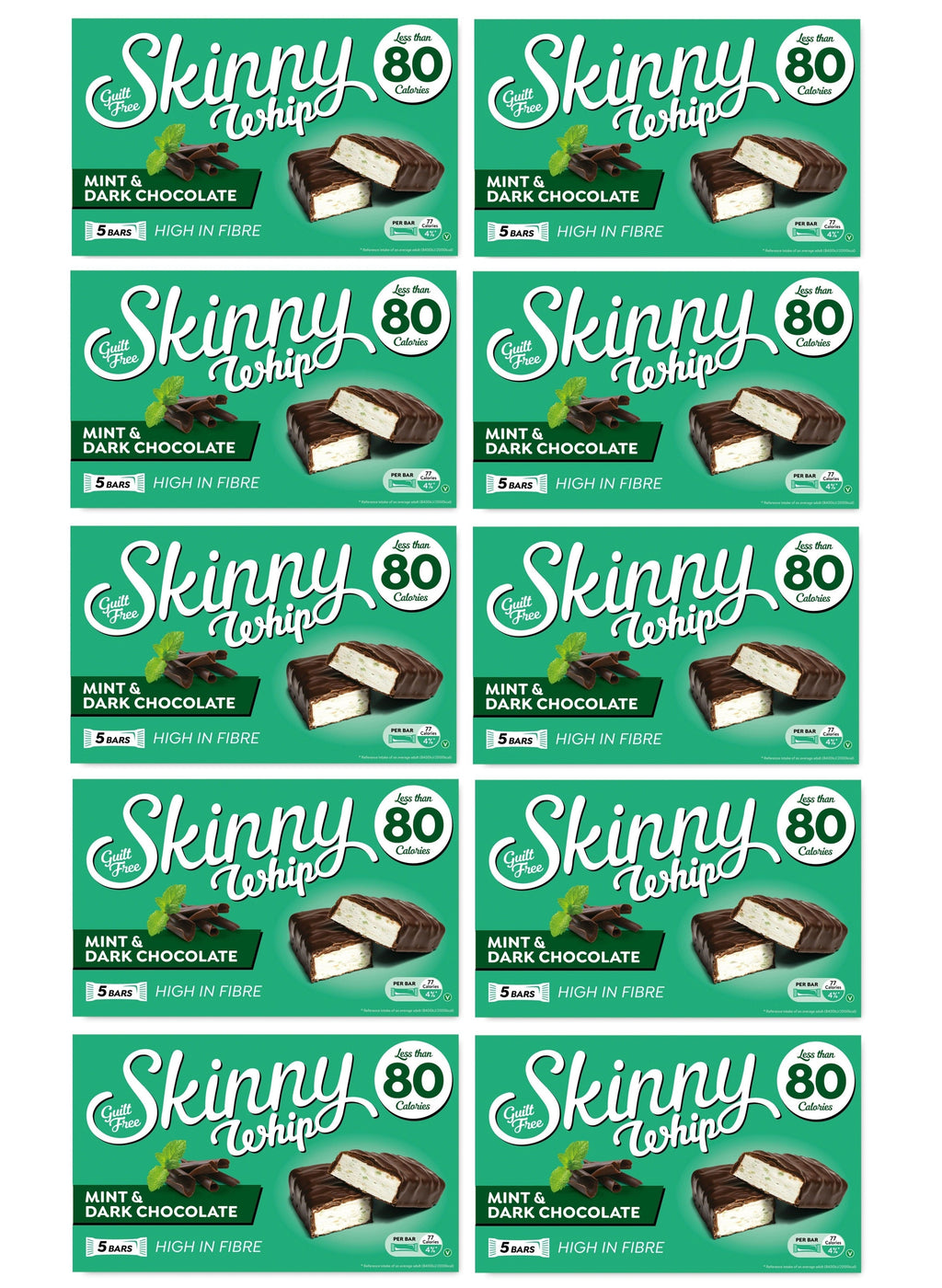 10 x Skinny Whip Mint &amp; Dark Choc Snack Bars 5 Pk 5X25Gm