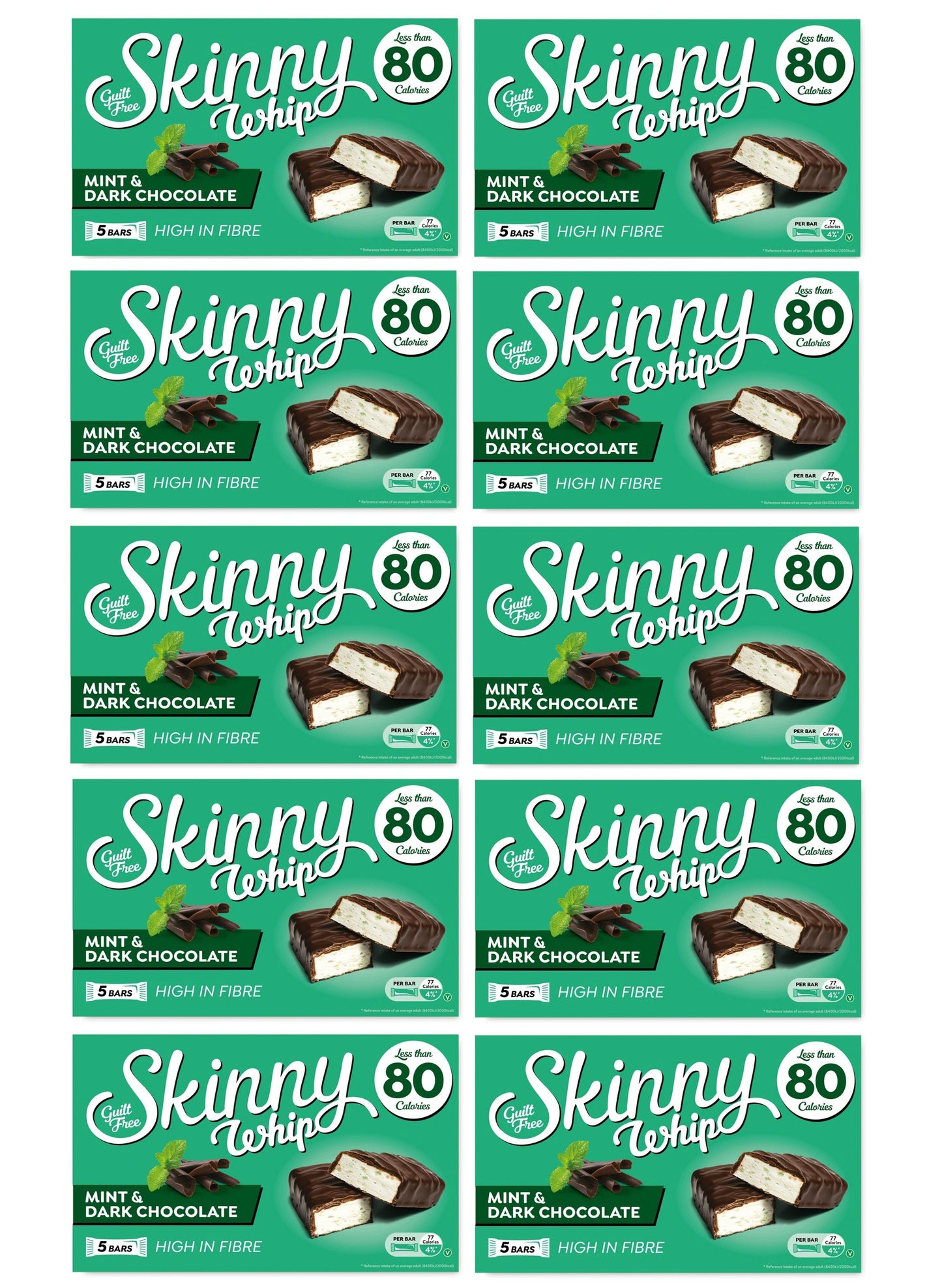 10 x Skinny Whip Mint &amp; Dark Choc Snack Bars 5 Pk 5X25Gm