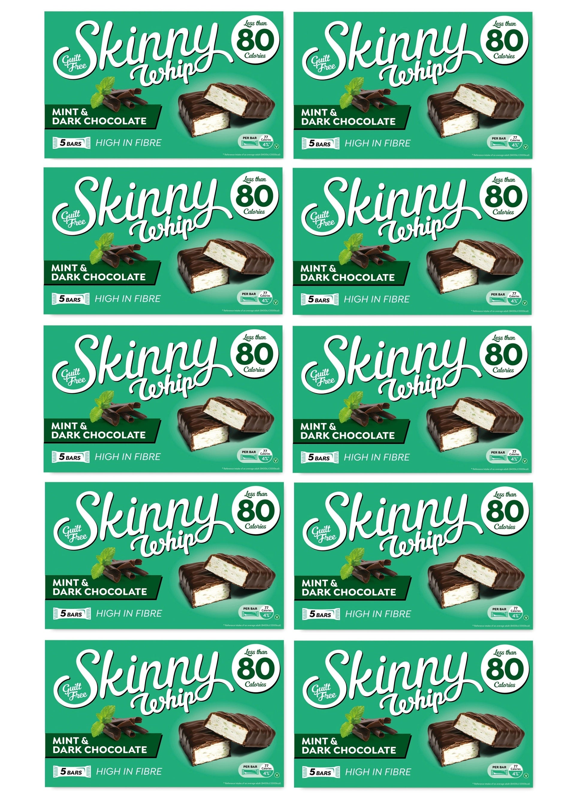 10 x Skinny Whip Mint &amp; Dark Choc Snack Bars 5 Pk 5X25Gm